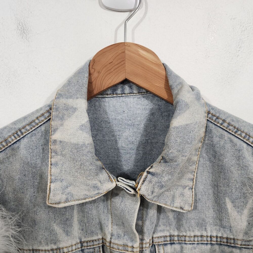 Upclycled Bujtton-front denim vest oversized white tulle ruffle sleeves Size L - Picture 11 of 16